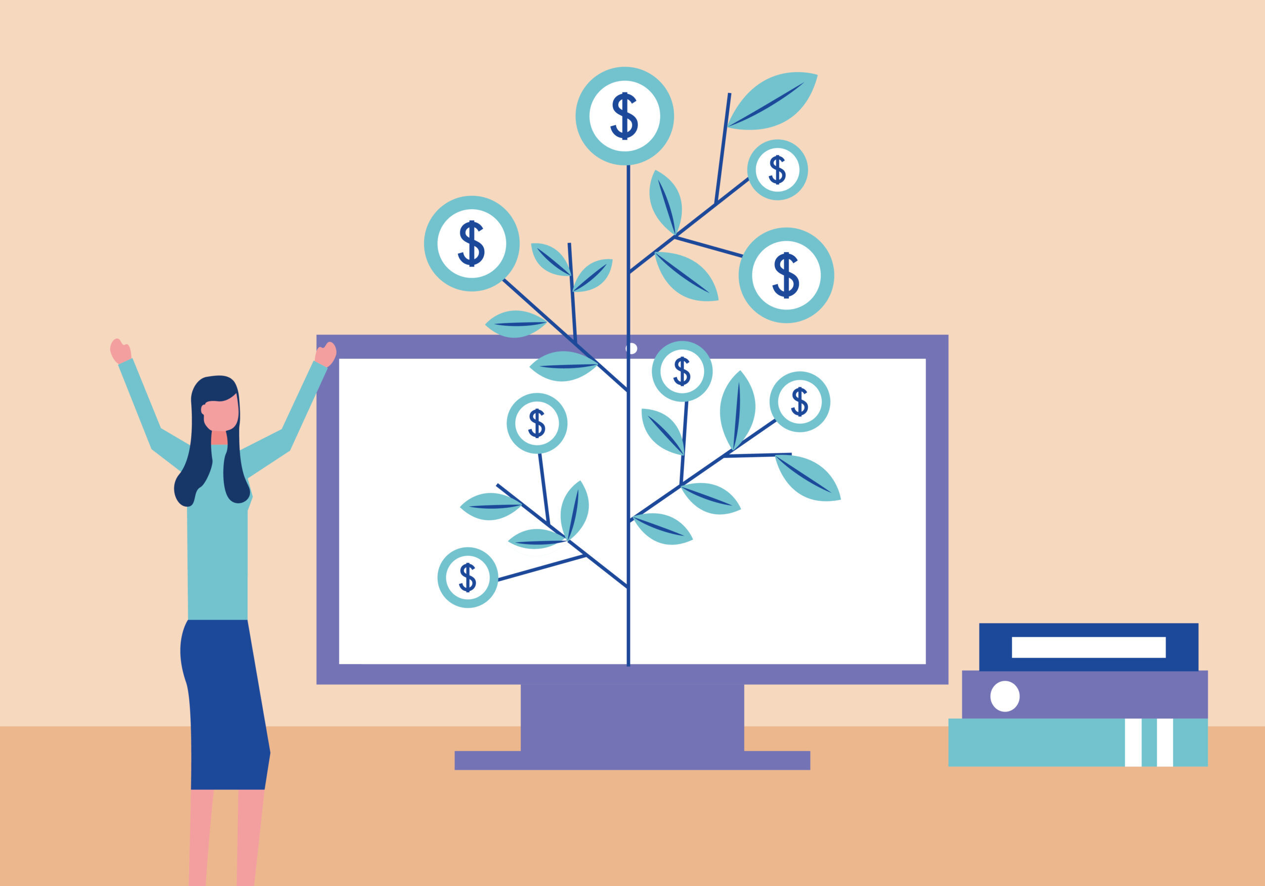 business office woman hands up board with statistics plant coins growth vector illustration