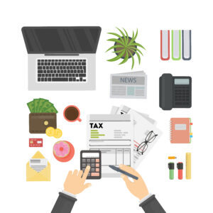 Tax calculating concept. Man checking finance and debts.